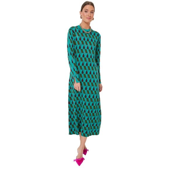 NWT La DoubleJ Diamonds Jacquard Knit Maxi Dress Womens Large Green Crew Neck - Picture 13 of 13